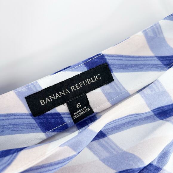 Banana Republic Blue and White Checkered Ruffle Sleeve Top Career Womens Size 6 - Picture 6 of 11